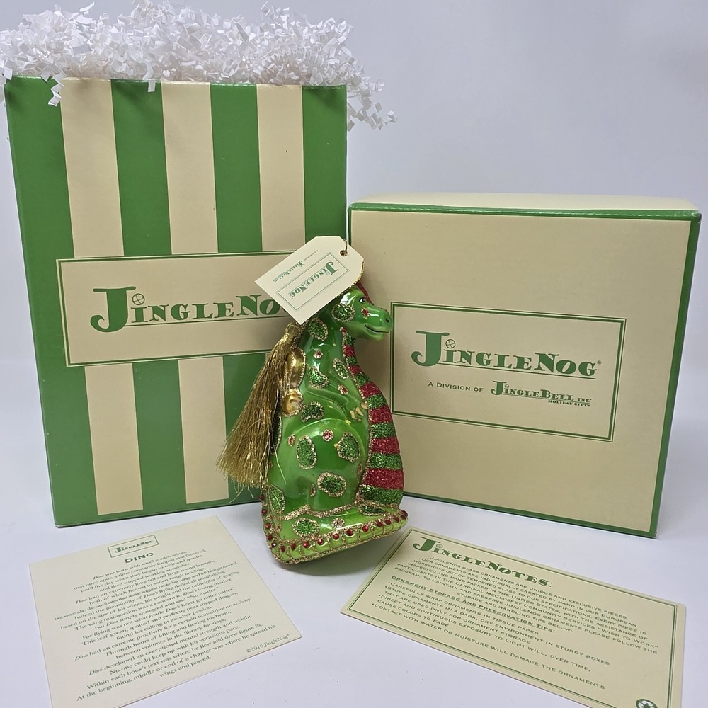 NIB JingleNog Green Dino Dinosaur Ornament #80521 Hand Blown & Painted in Poland